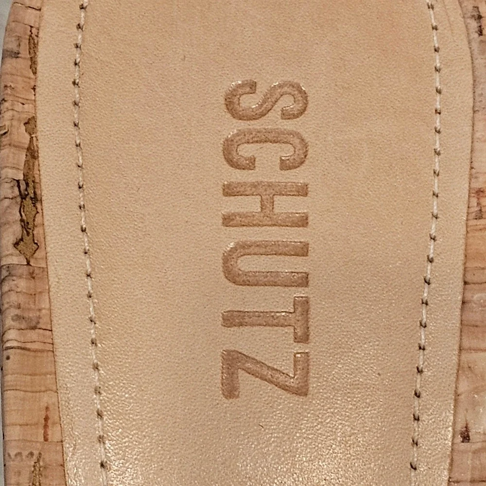 Schutz Cork Platform Wedge Sandals Clear Vinyl Strap Mules Tan Beige Size 10B‎